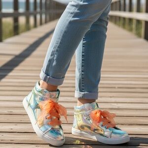 Wonder Nation Girls Holographic High Top Sneakers with Custom Laces Size 5